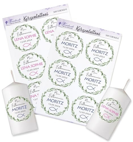 FEENSTAUB Kerzen Tattoos für die Erstkommunion, Konfirmation, Firmung, personalisierte Aufkleber für Kerzen, Tischkerze Fischymbol, Kerzen Deko rosa oder blau, Kerze für Erstkommunion gestalten