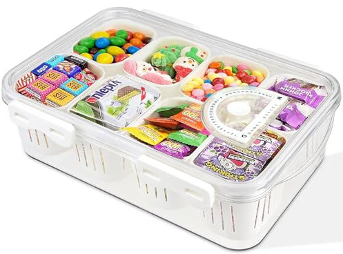 FIRJOY Unterteiltes Serviertablett mit Deckel, Snackbox für Süßigkeiten, Obst, Nüsse, Snack – praktische Behälter für Snacks unterwegs (8 Fächer)