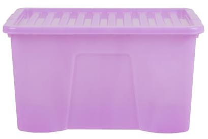 Wham Crystal 60 Liter Storage, Heavy Duty Plastic Storage Box With Lids Home Office Stackable Nestable, Large Storage Boxes With Lids 60 x 40 x 33 cm - Tint Lilac (Pack of 5)