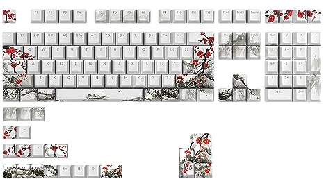 CherryProfile Lot de 129 touches en PBT DYESUB Motif fleurs de prunier russe Coréen Japonais pour claviers mécaniques russes 129 touches