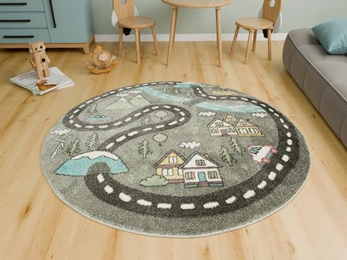 AKCILA Lima runden Straßen, Autos, Berge, Fluss Kinder Teppich 160 cm, Kinderzimmer Kurzflor Teppiche, Kinderteppich Jungen, Kids Carpet, Spielteppich Kinder Babyzimmer Tepich, Wohnzimmer Teppich