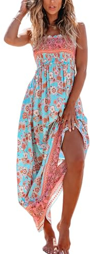 CUPSHE, Maxi abito lungo da donna estivo, da spiaggia, con motivo floreale, senza maniche, con spalline sottili e corpetto in punto smock arricciato, L