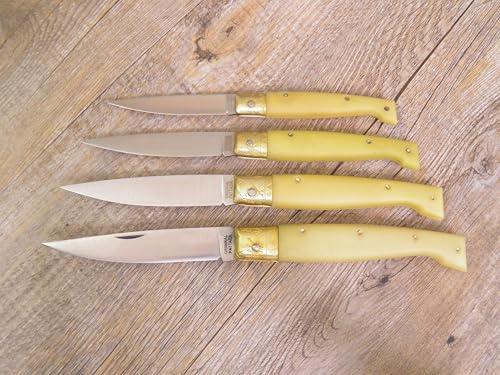 Generico COLTELLO SARDEGNA SARDO ORIGINAL PATTADA MANICO IN RESINA gialla lama dolce al carbonio 4 dimensioni a scelta incisione gratuita come immagine (17 Cm)