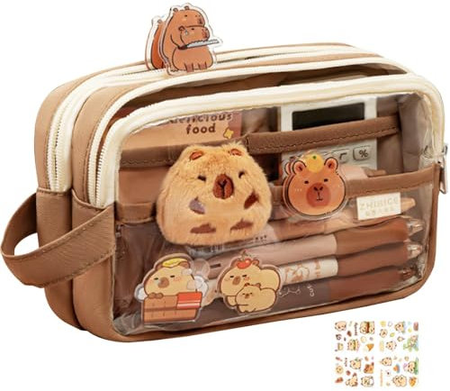 Großes Federmäppchen | Ästhetisches Federmäppchen | Mehrschichtiges süßes Federmäppchen mit Aufklebern | Durchsichtiges Federmäppchen, lustiges, abnehmbares Federmäppchen für Kinder, Jugendliche