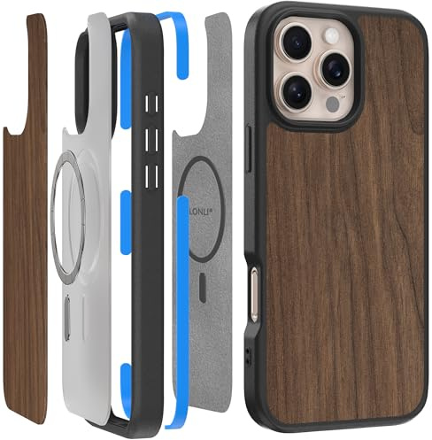 LONLI 2.0 - pour étui iPhone 16 Pro Max - La Coque de téléphone magnétique en Bois la Plus résistante - [Amortisseur de Chocs à 360°] - [Compatible avec Magsafe] - Bois de Noyer américain