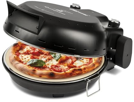 Girmi FP50 Horno para pizza Quisipizza, 1800 W, 420°C, Paredes frías, Piedra refractaria desmontable de 31 cm, Temporizador, Doble resistencia, Libro de cocina incluido, Negro