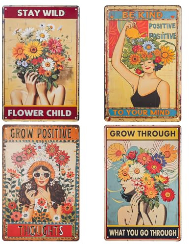4 Stück blechschilder retro, Vintage Blechschilder Sonnenblumen Design 20x30 cm - Metall Wanddekoration für Küche, Garten & Café (Retro Eisenschild, Bauernhausstil, Wandbild mit Metallrahmen)