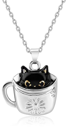 Svart Katthalsband, Katthängehalsband Halsband med Svart Katt i Kopp Present Till Flickor Dotter Dotterdotter Brorsdotter Julfödelsedagspresent