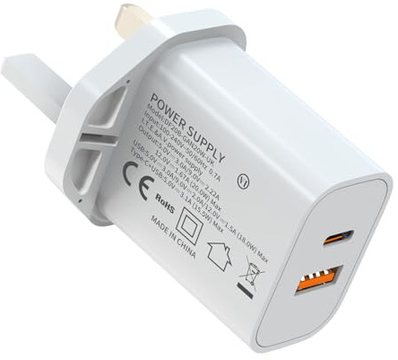 USB C Plug, 20W USB C Fast Charger UK Plug Dual Port USB+Type-C Charging Wall Plug UK iPhone Fast Charge USBC Charger for iPhone 15/15 Pro/16/16 Pro/16 Pro Max, iPad Pro/Air, Galaxy and More