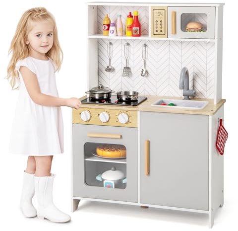 DREAMADE Cuisine Enfants en Bois, Jouets de Cuisine pour Enfants avec Micro-Ondes, Four et Évier, Pieds et Poignées, Mini Cuisine avec Sons et Lumières, Idéale pour Les Enfants de 3+ Ans (Blanc)