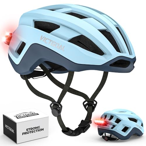 VICTGOAL Road Bike Helmet Adult Men Women with Detachable Magnetic Rear Light, Bicycle Helmet Adjustable Breathable Road Cycling Helmet for Road Mountain Riding (Iceblue, L: 57-61 cm)