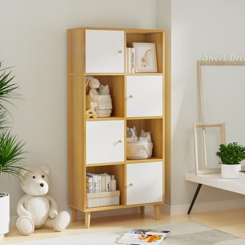 OXFENSEE Bücherregal weiß Bücherschrank,Aufbewahrungsregal,Regal mit Türen mit 4 Türen und 8 Fächern Würfelregal Kinder Büroregal freistehend Aufbewahrungsregal für Wohnzimmer (B-Holzfarbe, 8 Fächern)