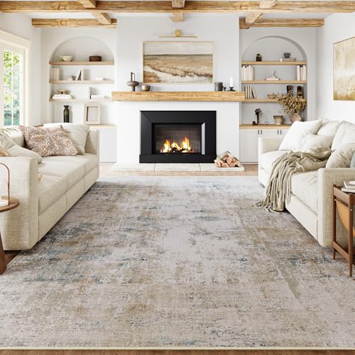 HUGEAR Washable Rugs Living Room Rug 240x300cm Beige Blue Non Slip Abstract Natural Neutral Modern Large Carpet Bedroom Kitchen Hall Lounge Bedside Low Pile Carpets