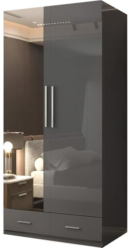 SLIDING WARDROBE 4U High Gloss 2 Door Hinged Wardrobe with Mirror, Drawers, Shelves & Hanging Rail – Freestanding Bedroom Storage – 80cm / 90cm – White, Black or Grey (Grey, 90cm)