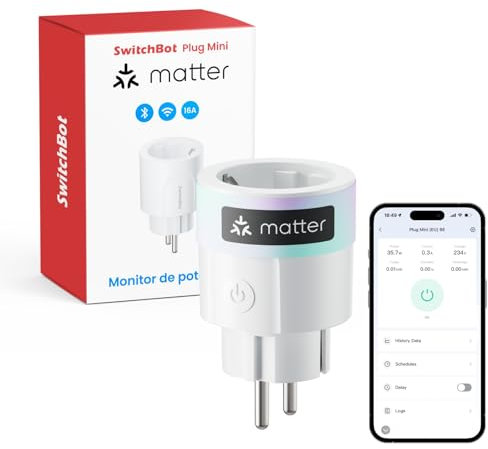SwitchBot Plug Mini Matter-fähig mit Leistungsüberwachung, WLAN Steckdose kompatibel mit Alexa, Google Home, Apple Home und Home Assistant (via Matter), Sprachsteuerung, Fernzugriff, 16A Type-F