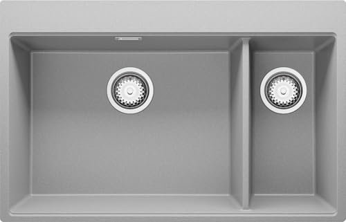 PRIMAGRAN Lavello da Cucina Grigio 78x50cm, Lavandino in Granito a 2 vasche + Sifone Classico, Lavabo Incasso al mobile 80cm - Oslo Duo S005