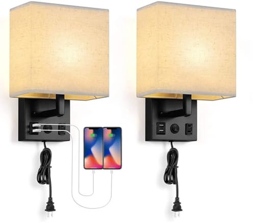 LOGT Wandleuchte mit Schalter und 2 USB Ladeanschluss Wandlampe E27 Innen Moderne Wandbeleuchtung mit Stecker Kabel Nachttischlampe Quadratische Stoffschirm Bettleuchte für Schlafzimmer,2piece