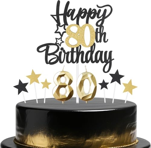 Black Gold 80th Birthday Candles Cake Toppers Set,80th Birthday Decorations for Men,Golden Number 80 Candle for Cake,Gold Candle Black Star Cupcake Toppers for Men Women Birthday Party Supplies