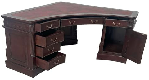PALAZZO INT Historischer Eckschreibtisch Chefbüro – Englischer Kolonialstil aus massivem Mahagoni mit Kunstleder-Schreibeinlage, 6 Schubladen & 2 Türen, 149 cm × 149 cm × 75 cm H mar412A