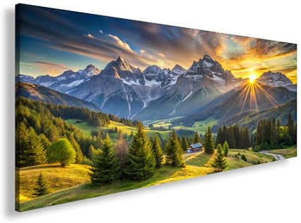 Leinwandbild Sonnenaufgang küsst die majestätischen Alpen Panorama 120x60cm XXL Wandbild auf Keilrahmen/Kunstdruck/Bild Wohnzimmer Dekoration