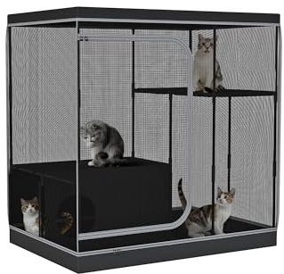 DINMO Gabbia per Gatti Grande, Recinto Interno per Gatti con Vaschetta Igienica, Recinto per Piccoli Animali, Cuccia a Più Livelli, Recinto per Animali con Fondo Impermeabile, Nero
