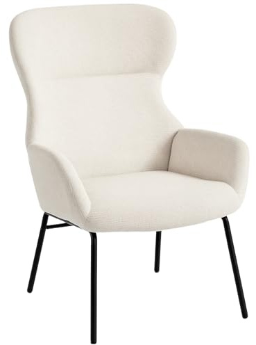 HOMCOM Fauteuil de Salon, à Oreilles, Fauteuil de détente, à Dossier Haut, Pieds en Acier, rembourré, Aspect Lin, pour Chambre à Coucher, Blanc crème