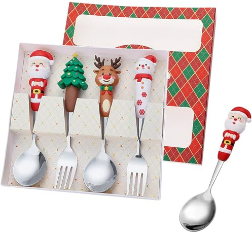 Set di posate natalizie, 4 pezzi, cucchiaio e forchetta, cucchiaini da portata natalizi, forchette, caffè, gelato, dessert, mescolare, cucchiaini, regali per donne, mamme, riempitivi di cracker