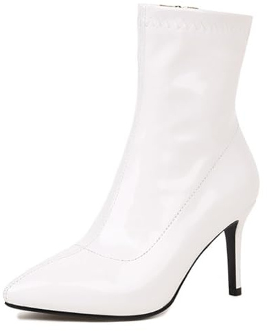 Stivaletti con Tacco Alto Donna Punta a Punta Pelle Verniciata Stiletto Stivaletti Corti con Cerniera Laterale per Cena Romantica e Stile Lavoro Fodera Interna Morbida,Bianca,46 EU