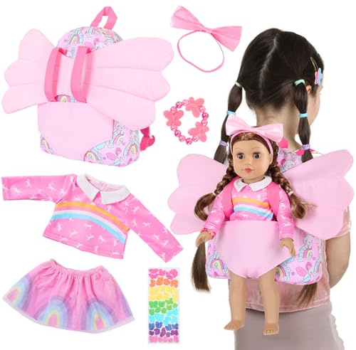 Ecore Fun 18 Inch Doll Backpack Carrier Set, 6PCS Doll Clothes & Fashion Accessories with Pink Backpack Carrier Bag, Headband, Bracelet, Outfit & Stickers