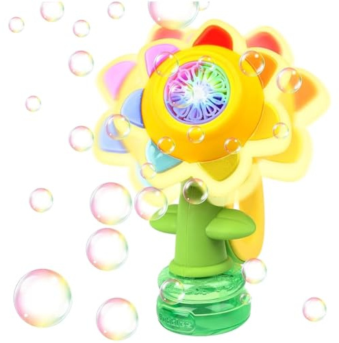 Sunflower Bubble Machine for Kids, Rechargeable Dancing Sunflower Bubble Maker with 7 Color Lights, Light Up Automatic Bubble Blower Toys for Party Outdoor Indoor & Gifts