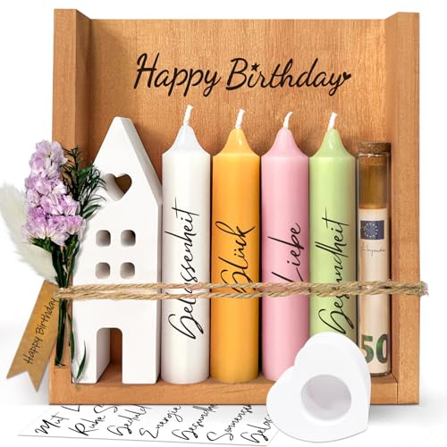 Geburtstagskerzen Geschenke für Frauen Freundin, Kerzen Geschenkset mit Kerzenständer, Kerze mit „Happy Birthday” Spruch, Kerzenhalter Holzkiste mit Kerzen Deko Geschenk Geldgeschenke