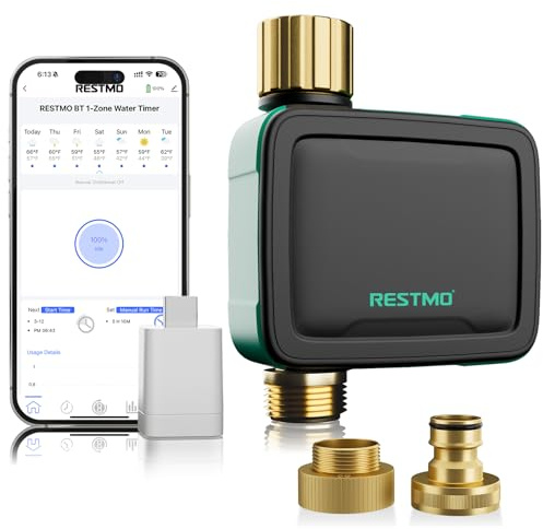 RESTMO 1-Zonen Bewässerungscomputer, Bluetooth+Wi-Fi Bewässerungstimer | App-Steuerung, automatisch/manuell/Regenverzögerung, für Gartenschlauch & Außenwasserhahn, Rasen, smart & wetterfest