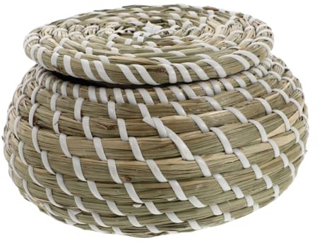 EPIGEIST Seagrass Woven Storage Box with Lid Medium Size Pastoral Style Seaweed Organizer Basket for Jewelry and Desktop Household Storage