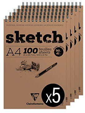 Clairefontaine 96604C - Packung mit 5 Skizzenblöcken mit Doppelspirale, SKETCH-Papier, DIN A4 21x29,79cm, weißes Zeichenpapier 100 Blatt, 90g, 1 Pack