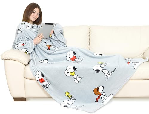 Kanguru Decke mit ärmeln, Snoopy 180x140, Sofa kuscheldecke zum anziehen mit zentrale Tasche, weiche Flannel mikrofaser, tragbare tv tagesdecke