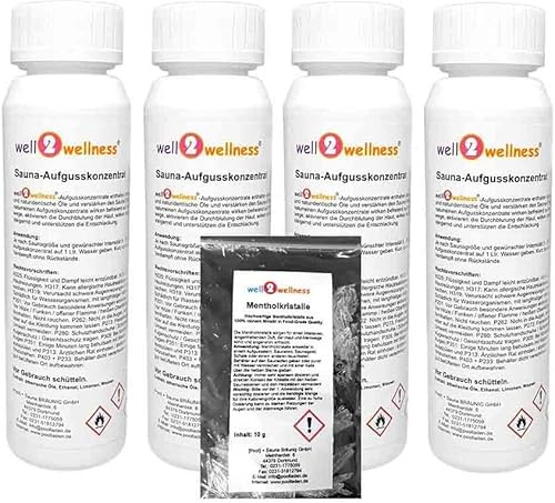 Well2wellness ® Set Esencias Sauna 4 X 125ML 'Clásico 4' con Eucalipto, Picea, Pino Carrasco Hielo Fresco + Gratis 10g Mentol