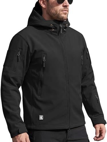 FREE SOLDIER Men's Outdoor Waterproof Soft Shell Hooded Military Tactical Rain Jacket (Black, S)