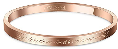 AURSTORE® Armreif aus Edelstahl 316L mit Botschaft Inspiration, Breite 4 mm, mehrere Nachrichten zur Auswahl, Farben Roségold, 19 cm, Edelstahl, Ohne Stein