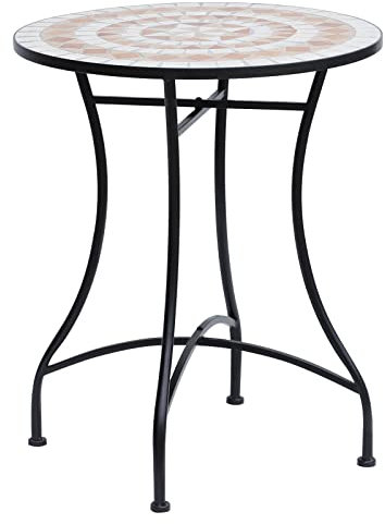 Outsunny Gartentisch Mosaiktisch Balkontisch Beistelltisch Seviertisch rund Stahl + Keramik Orange + Weiß Ø60 x H71 cm