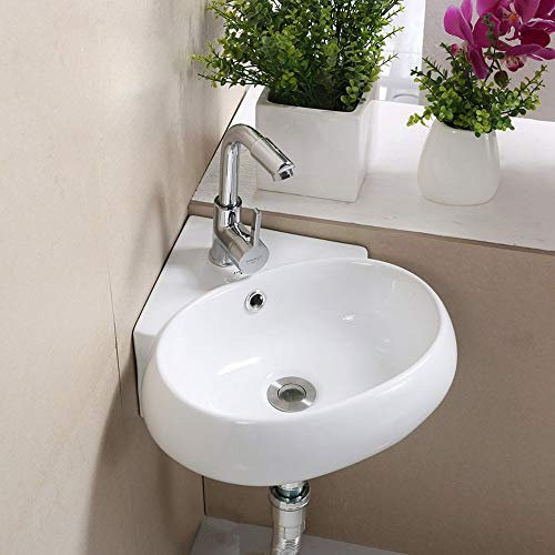 HomeLava Lavabo de Cerámica de Cuarto de Baño Mini Lavamanos Blanco Agujero de Grifo y Desbordamiento Esquina Montaje en Pared (sin grifo)