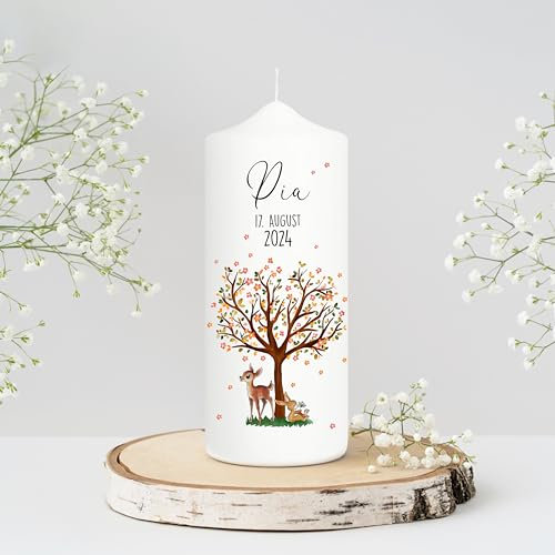 Cierge de baptême pour garçon et fille - arbre de vie en filigrane avec fleurs, chevreuil et lapin - cierge de baptême avec Prénom, date et citation de baptéme personnalisé - 1 bougie 25 x 7 cm