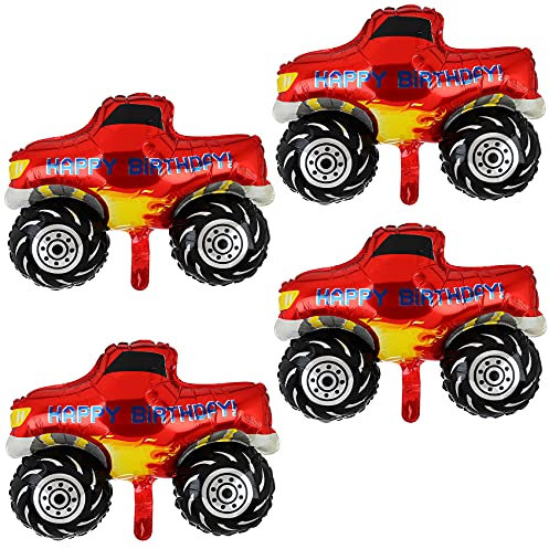 4 Stück Riesen Rot Monster Truck Party Luftballons Groß Aluminium Ballon Auto Helium Folienballons Geburtstag Party Deko Liefert Rennwagen