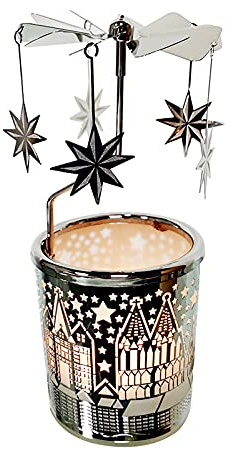 Kingnero Windlicht Karussell, Glas teelichthalter karussell, Drehbar Kerzenatter windmühle Kerze Familie und Freunde (Silberner Stern)