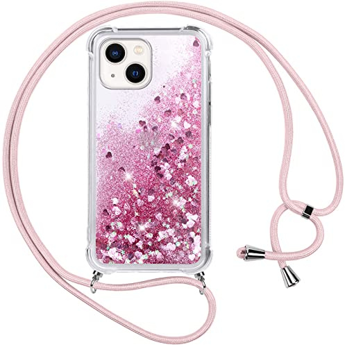 Vauki handyband für iPhone 13 Hülle mit Band,Silikon Durchsichtig Transparent Flüssig Glitzer mit Kette Kordel Bumper Treibsand Necklace TPU Schutzhülle Case für iPhone 13,Rosa