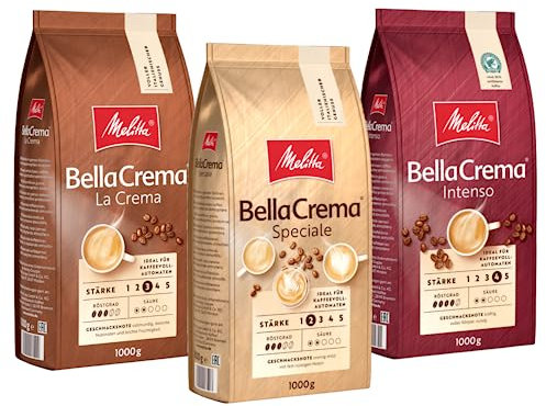 Melitta BellaCrema Probierpaket La Crema Speciale Intenso Ganze Kaffee-Bohnen 3 x 1kg, ungemahlen, Kaffeebohnen für Kaffee-Vollautomat, geröstet in Deutschland