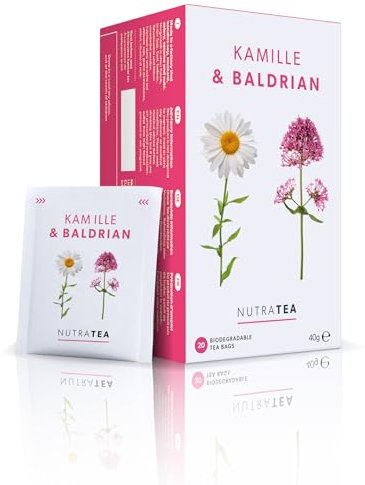 Nutra Tea Kamille & Baldrian, Beruhigungstee zum Entspannen, Einschlaftee, Baldriantee zur Unterstützung beim einschlafen, 20 wiederverwendbare Teebeutel, Kräutertee mit Kamille & Baldrian