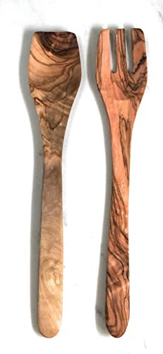 2 pc 14 Long Handle Artisan Olive Wood Salad Server Set- By ORCHARD HARDWOODS- Handmade Salad Spoon and Fork for Serving Salads, Non-Stick Cooking