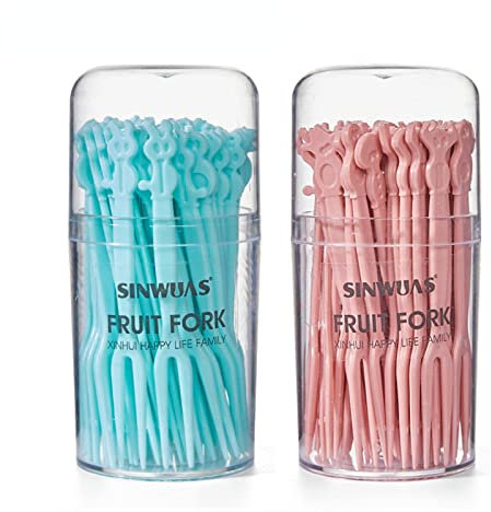 FARZI Lot de 100 fourchettes à fruits en plastique jetables à deux dents pour salade, collation, dessert, mini fourchette à gâteau, apéritif, cocktail, petit dessert, bâton