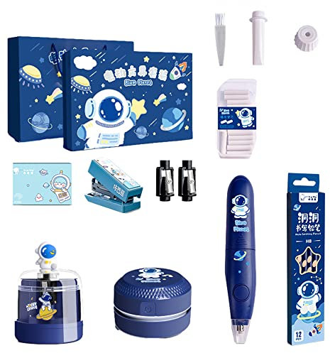 Schreibwaren-Geschenkbox-Set, elektrischer Bleistiftspitzer, elektrischer Radiergummi, Nachfüllpackung, Desktop-Vakuum-Schreibwaren-Set, Schule Kinder (Weltraum)