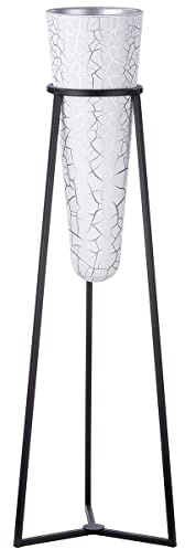GILDE Vase XXL mit Metallständer - weiße Glasvase mit silberfarbener Krakelierung - schwarzer Metallständer - Gesamt Höhe 102 cm